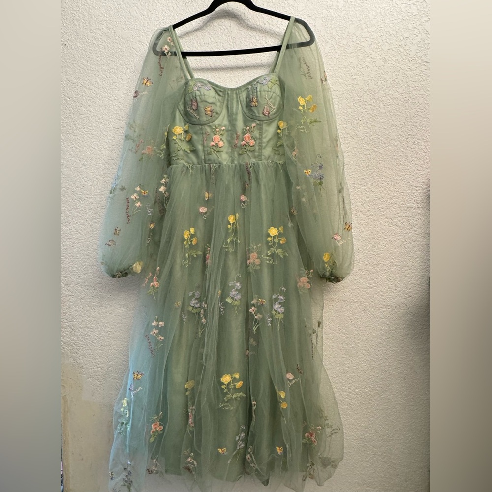 Green Floral Embroidered Tulle Dress